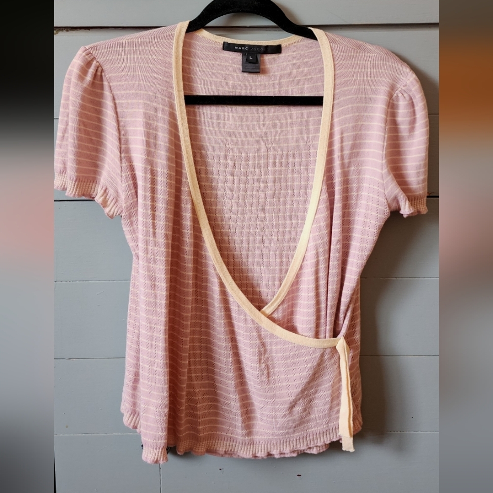 Vintage Pink Cotton Pointelle Made In England Marc Jacobs Faux Wrap Knit Shirt